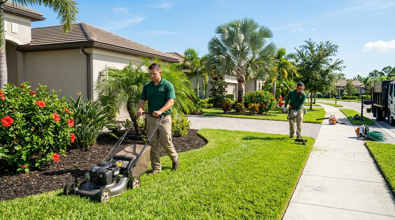 Landscapers mowing and edging a lush Florida lawn