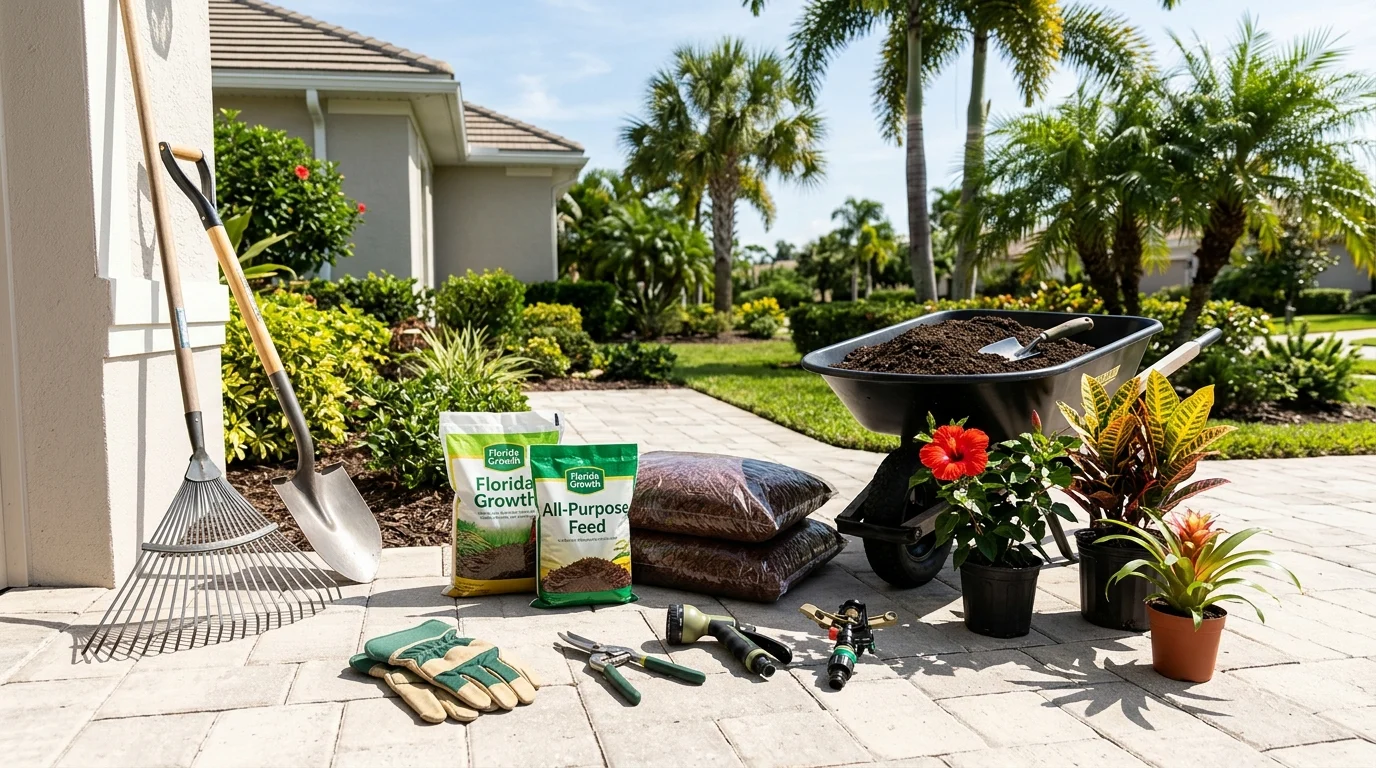 Neatly arranged gardening tools and supplies on a sunny patio