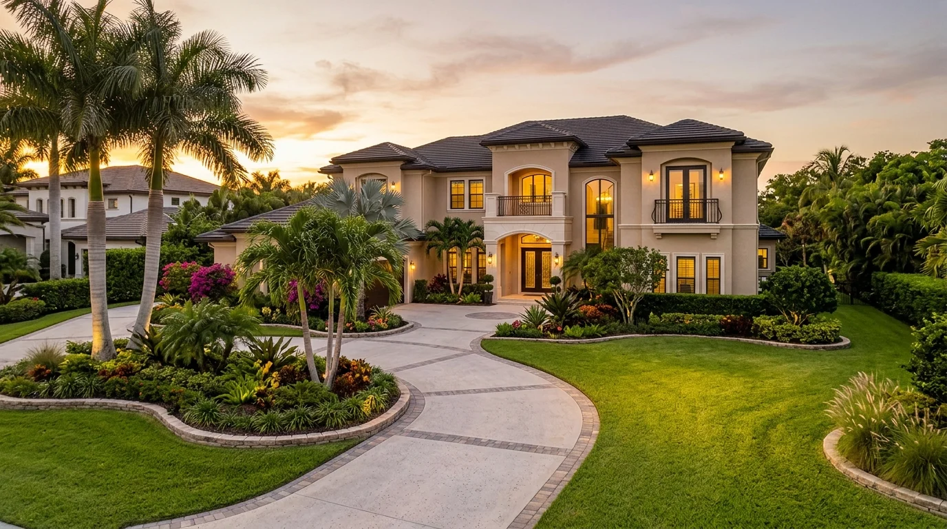 Luxury Mediterranean home with lush tropical landscaping at sunset