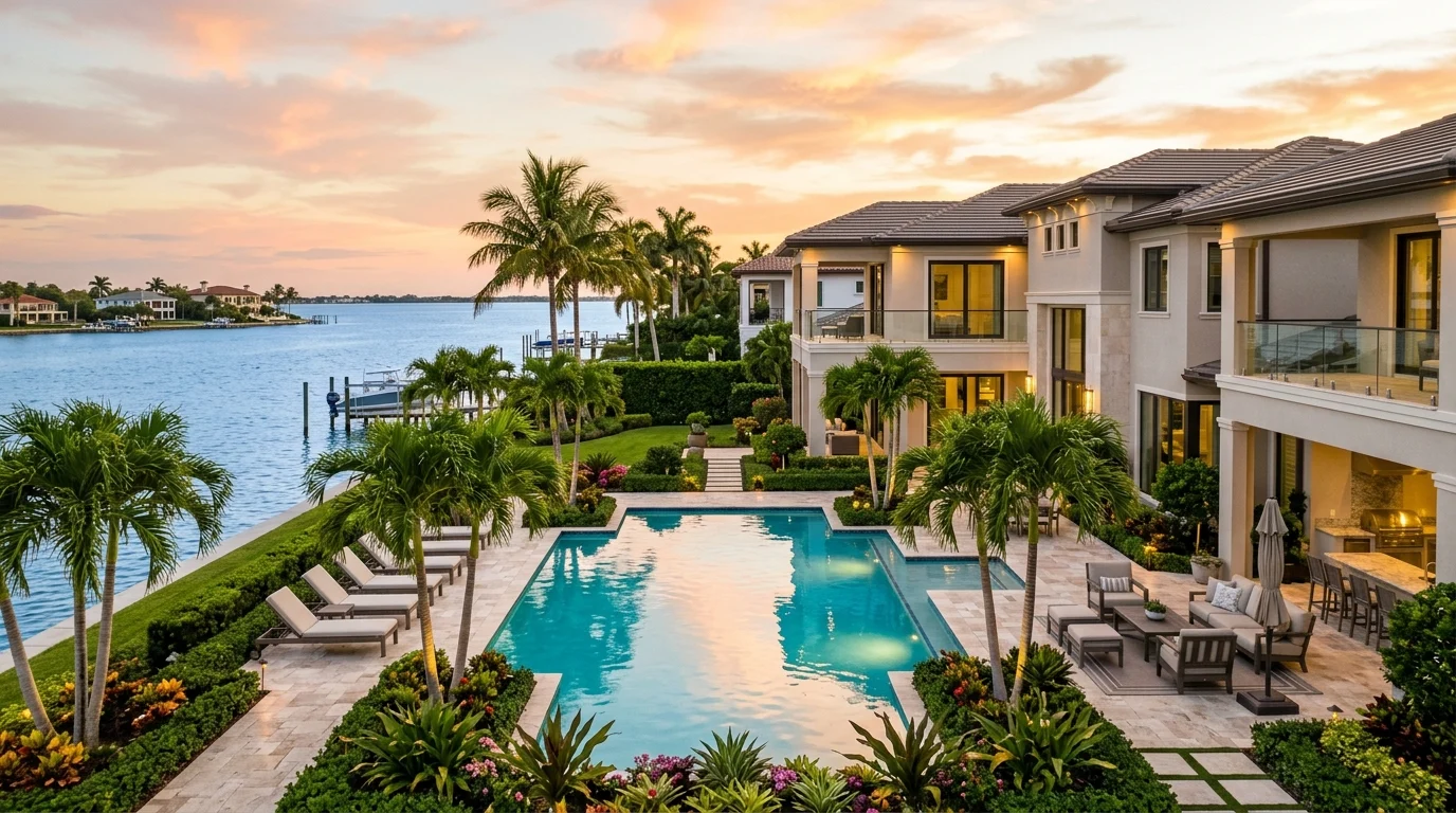 Luxury waterfront home with tropical pool and sunset reflections